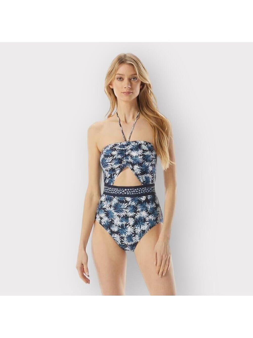 Michael Kors NEW One-Piece Cut-Out Bathing Suit Womens sz 8 Swim Palm Print Blue